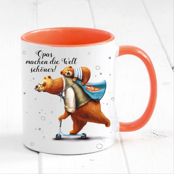 Auf dem Bild ist das Produkt: Tasse bedruckt mit Bär auf Scooter Opas machen die Welt schöner Geschenk Vater Kaffeetasse Kaffeebeche Vatertagsgeschenk zum Preis von €17.90 abgebildet.