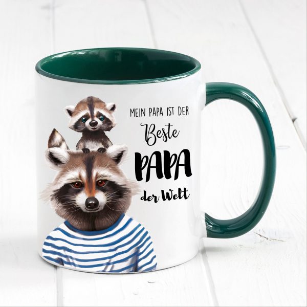 Auf dem Bild ist das Produkt: Tasse bedruckt mit Waschbär Mein Papa ist der beste Papa der Welt, Geschenk Kaffeetasse Kaffeebecher, Vatertag zum Preis von €17.90 abgebildet.