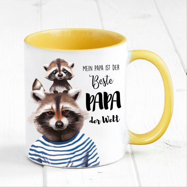 Auf dem Bild ist das Produkt: Tasse bedruckt mit Waschbär Mein Papa ist der beste Papa der Welt, Geschenk Kaffeetasse Kaffeebecher, Vatertag zum Preis von €17.90 abgebildet.