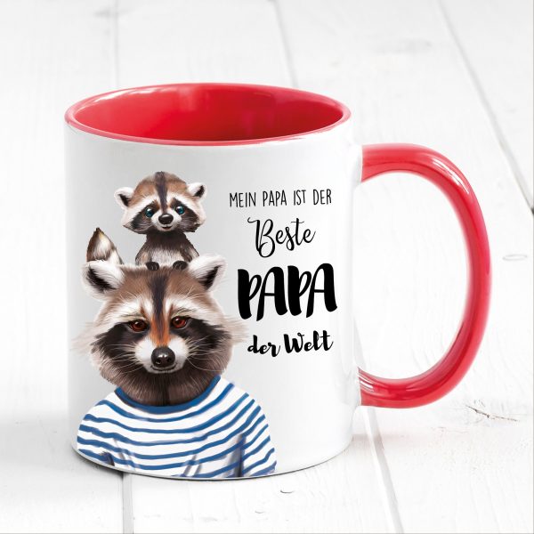 Auf dem Bild ist das Produkt: Tasse bedruckt mit Waschbär Mein Papa ist der beste Papa der Welt, Geschenk Kaffeetasse Kaffeebecher, Vatertag zum Preis von €17.90 abgebildet.