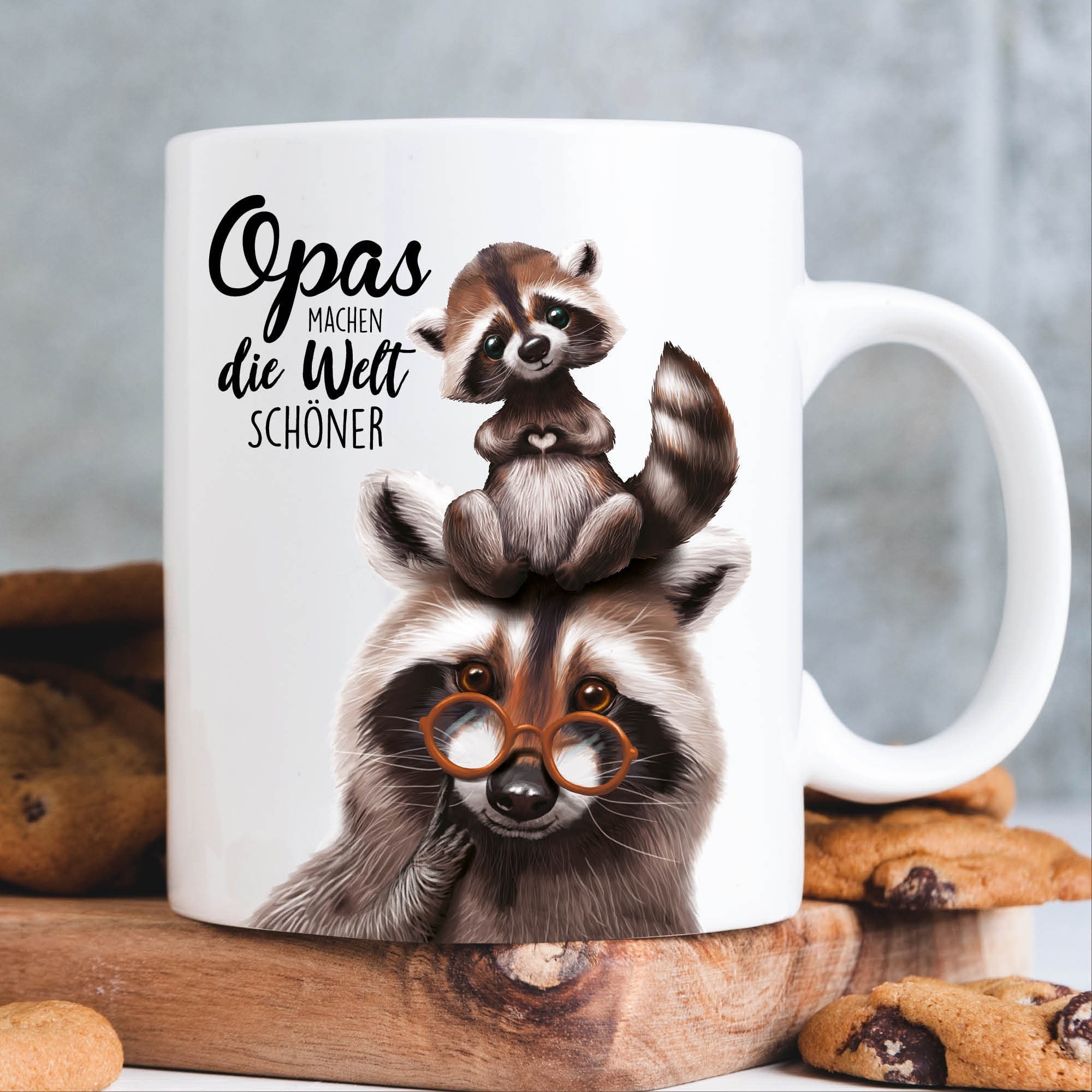Tasse bedruckt Waschbär Opa mit Waschbärjunges Opas machen die Welt schöner, Geschenk Geburtstag