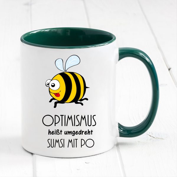 Auf dem Bild ist das Produkt: Tasse Biene Optimismus Sumsi mit Po Tasse Becher Geschenk Geburtstag zum Preis von €17.90 abgebildet.