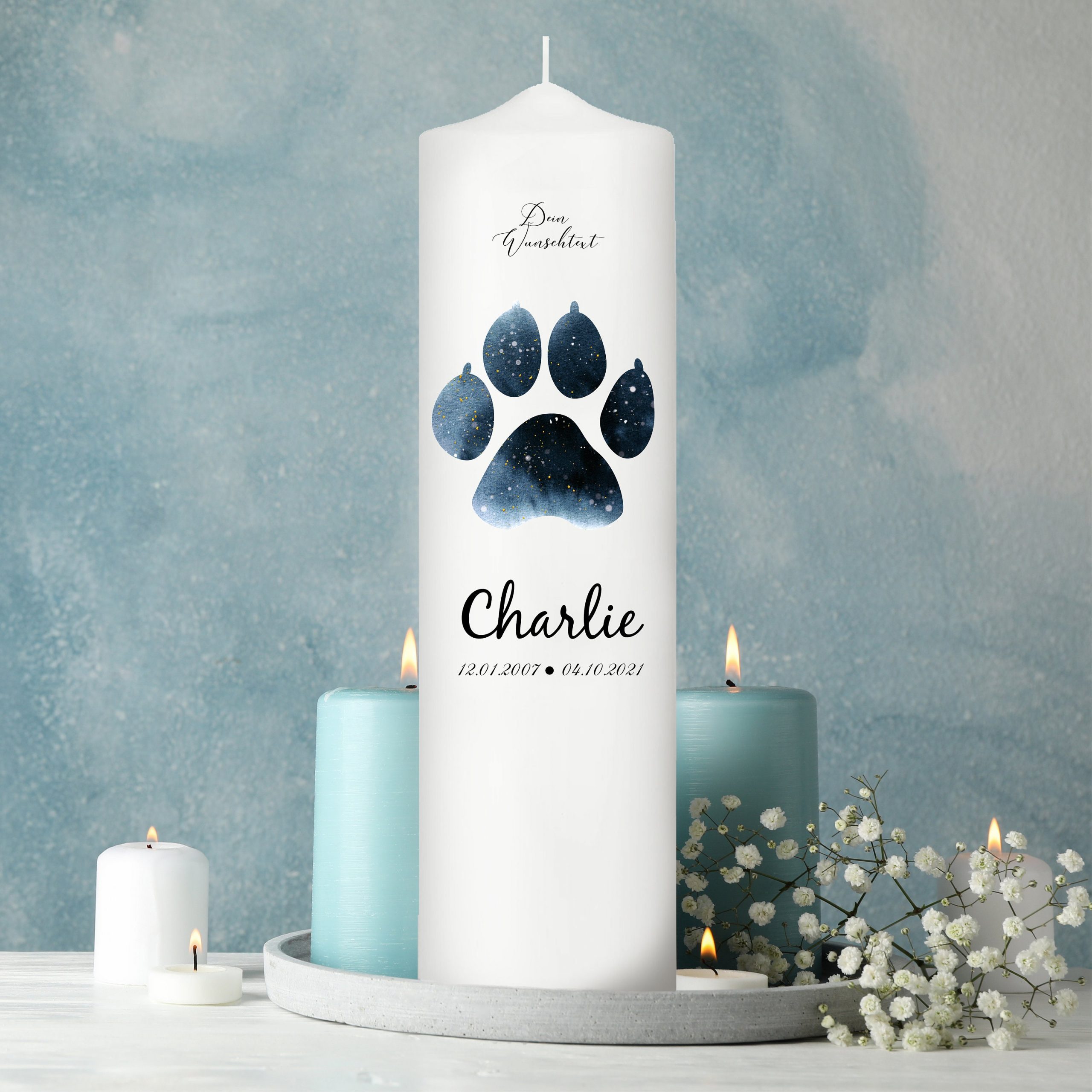 Trauerkerze für Tiere Hund Pfote personalisiert mit Namen und Datum Kerze Katze Trauer