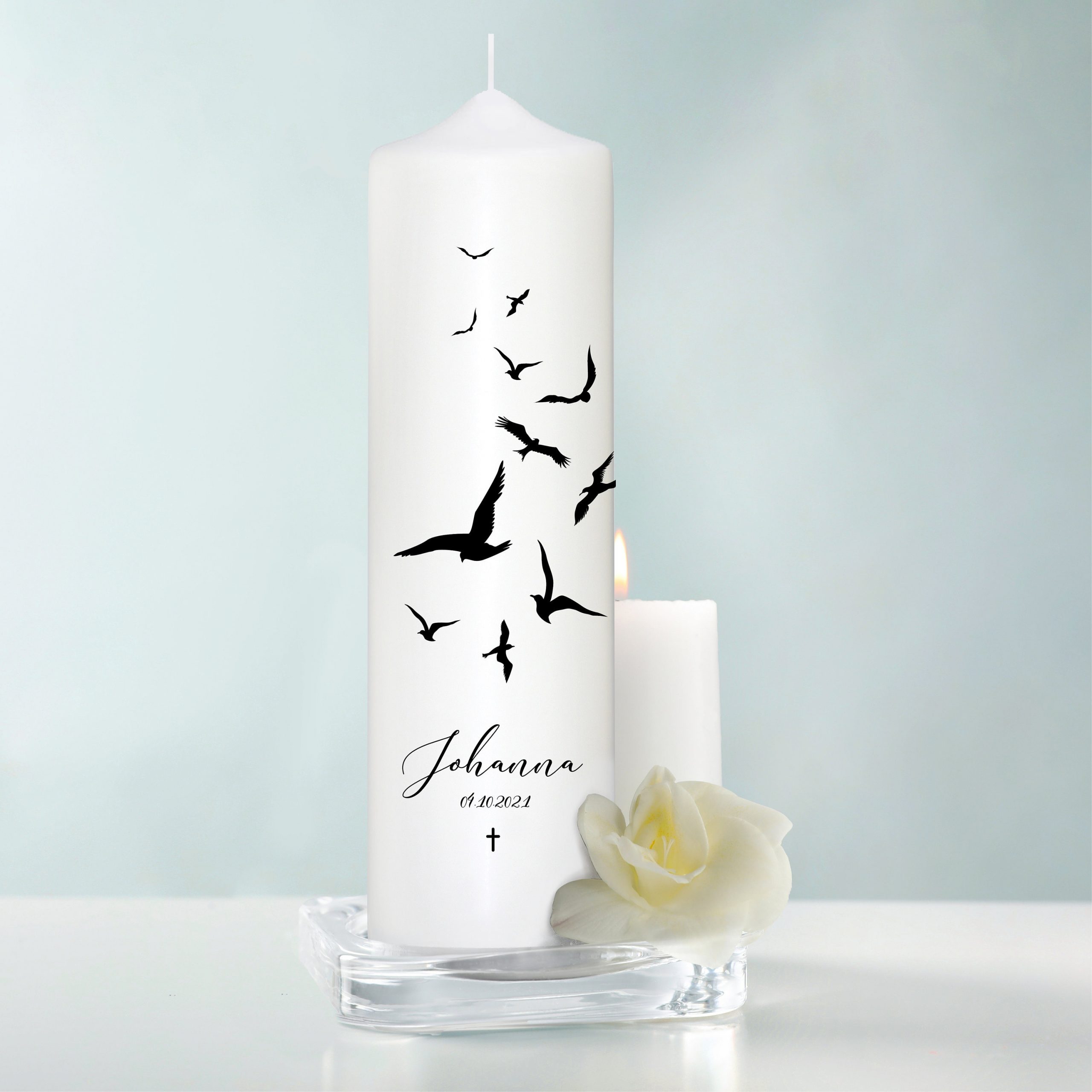Trauerkerze Vögel Möwen personalisiert mit Namen und Datum Grabkerze Kerze Sternenkind