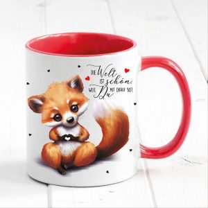 Auf dem Bild ist das Produkt: Tasse bedruckt Fuchs Die Welt ist schön Geschenk Geburtstag Kaffeetasse Kaffeebecher Keramik 330 ml zum Preis von €17.90 abgebildet.