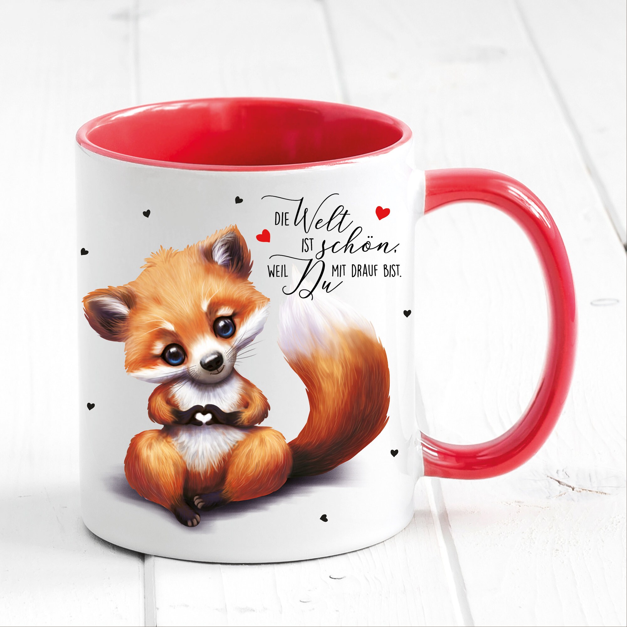 Tasse bedruckt Fuchs Die Welt ist schön Geschenk Geburtstag Kaffeetasse Kaffeebecher Keramik 330 ml