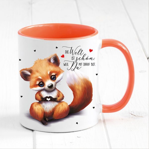 Auf dem Bild ist das Produkt: Tasse bedruckt Fuchs Die Welt ist schön Geschenk Geburtstag Kaffeetasse Kaffeebecher Keramik 330 ml zum Preis von €17.90 abgebildet.