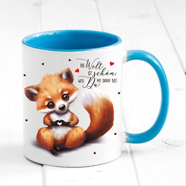 Auf dem Bild ist das Produkt: Tasse bedruckt Fuchs Die Welt ist schön Geschenk Geburtstag Kaffeetasse Kaffeebecher Keramik 330 ml zum Preis von €17.90 abgebildet.