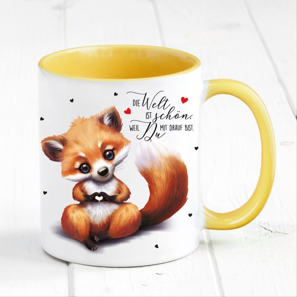 Auf dem Bild ist das Produkt: Tasse bedruckt Fuchs Die Welt ist schön Geschenk Geburtstag Kaffeetasse Kaffeebecher Keramik 330 ml zum Preis von €17.90 abgebildet.