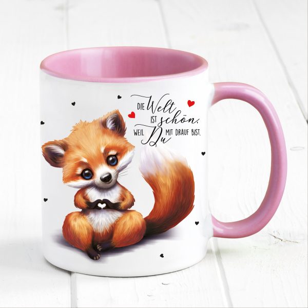 Auf dem Bild ist das Produkt: Tasse bedruckt Fuchs Die Welt ist schön Geschenk Geburtstag Kaffeetasse Kaffeebecher Keramik 330 ml zum Preis von €17.90 abgebildet.