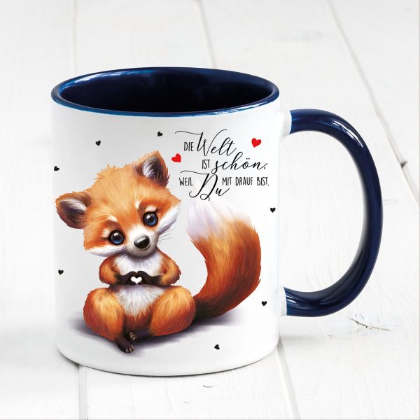 Auf dem Bild ist das Produkt: Tasse bedruckt Fuchs Die Welt ist schön Geschenk Geburtstag Kaffeetasse Kaffeebecher Keramik 330 ml zum Preis von €17.90 abgebildet.