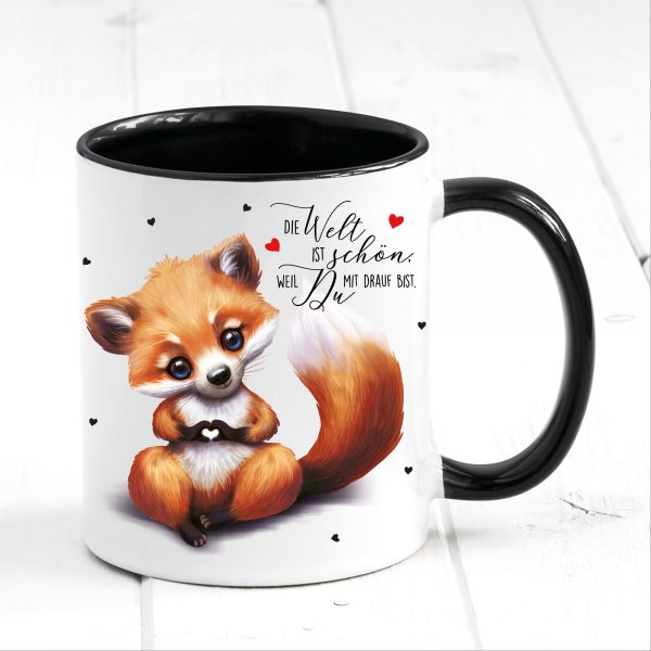 Auf dem Bild ist das Produkt: Tasse bedruckt Fuchs Die Welt ist schön Geschenk Geburtstag Kaffeetasse Kaffeebecher Keramik 330 ml zum Preis von €17.90 abgebildet.
