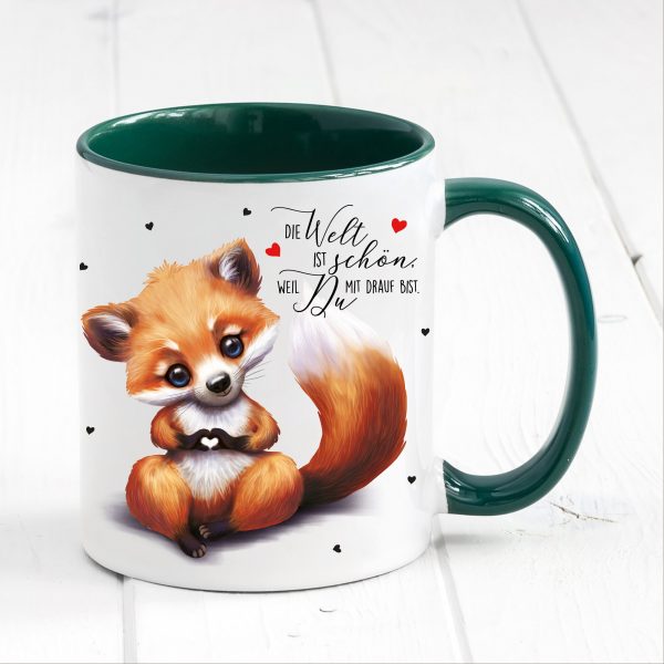 Auf dem Bild ist das Produkt: Tasse bedruckt Fuchs Die Welt ist schön Geschenk Geburtstag Kaffeetasse Kaffeebecher Keramik 330 ml zum Preis von €17.90 abgebildet.