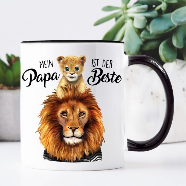 Auf dem Bild ist das Produkt: Vatertagsgeschenk Tasse Mein Papa ist der Beste Löwe Löwenkind Lion Geschenkidee, Geschenk zum Geburtstag zum Preis von €18.90 abgebildet.