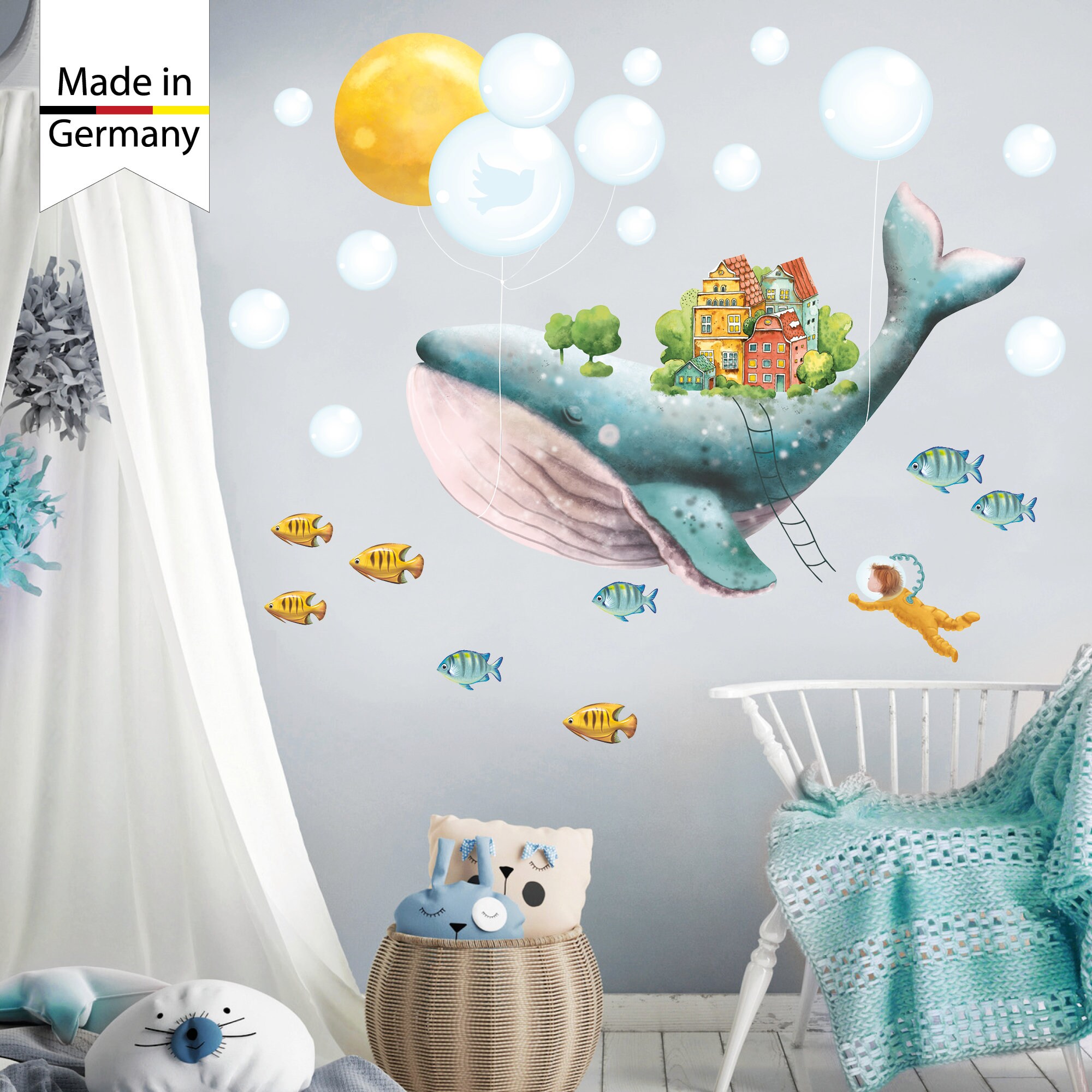 Wandtattoo Kinderzimmer bunt Wal Fische Taucher Dekoration Babyzimmer blau  Mädchen Junge | Wandtattoo Loft