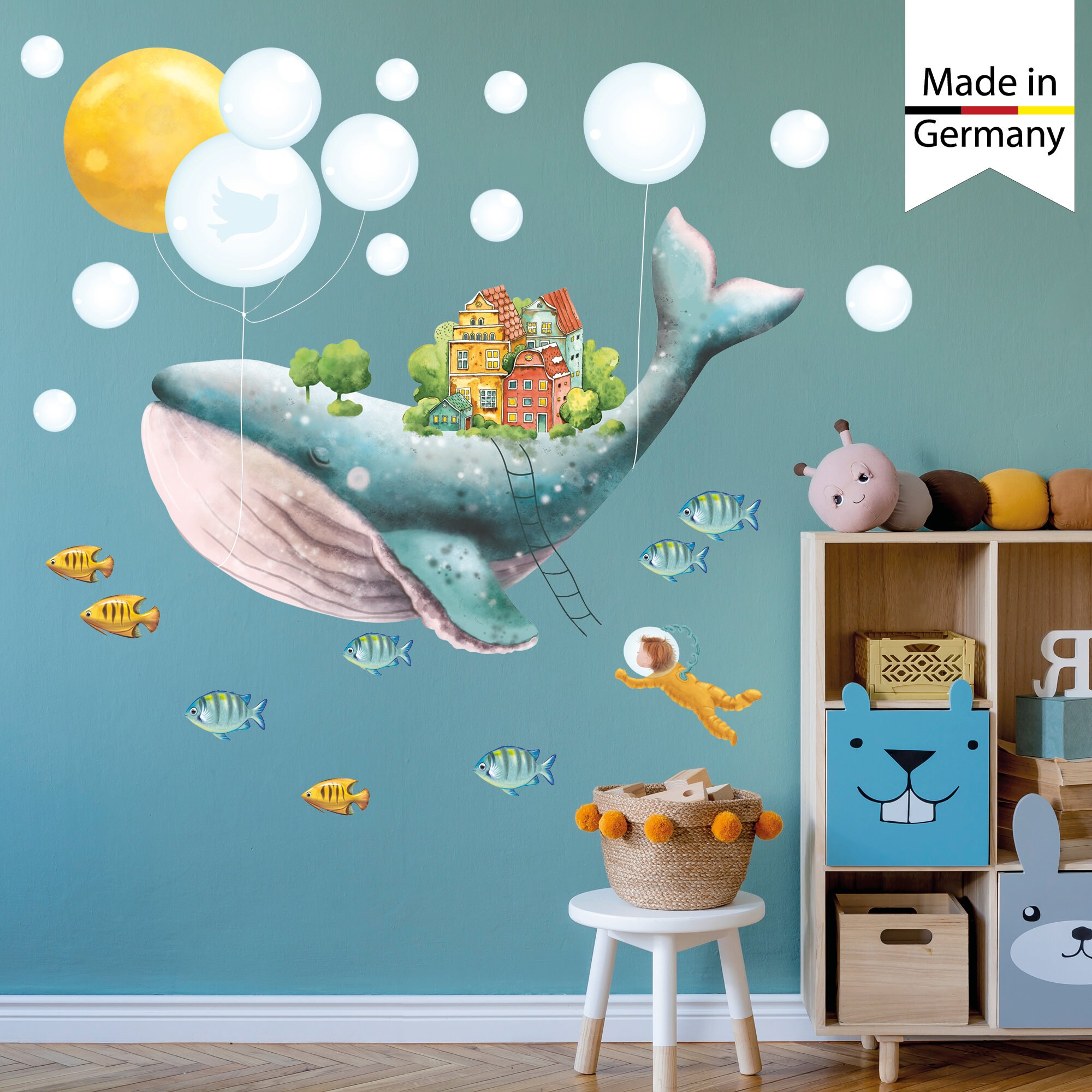 Wandtattoo Kinderzimmer bunt Wal Fische Taucher Dekoration Babyzimmer blau  Mädchen Junge | Wandtattoo Loft