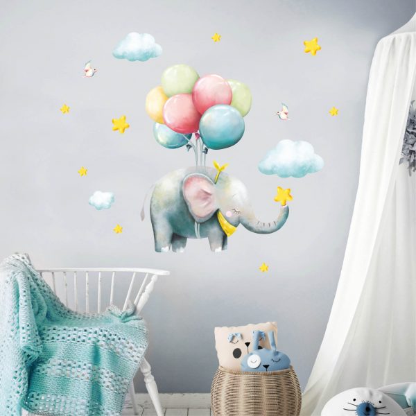Auf dem Bild ist das Produkt: Wandtattoo Kinderzimmer Elefant mit Luftballons, Dekoration Babyzimmer zum Preis von €24.9 abgebildet.