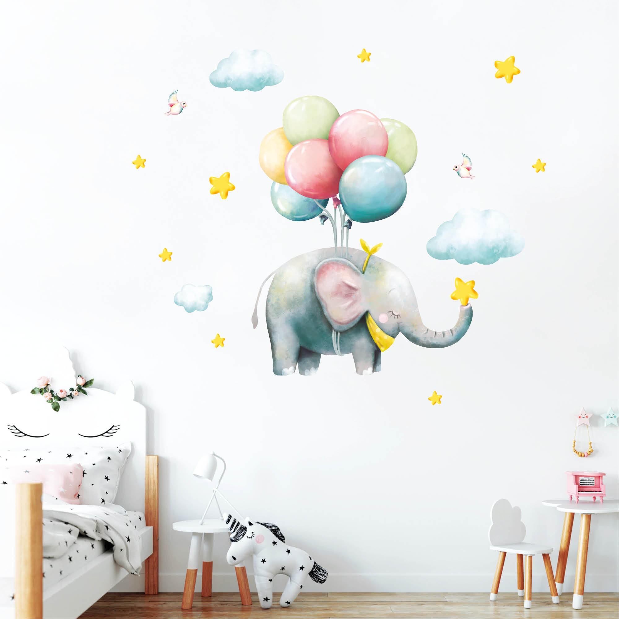 Wandtattoo Kinderzimmer Elefant mit Luftballons, Dekoration Babyzimmer |  Wandtattoo Loft