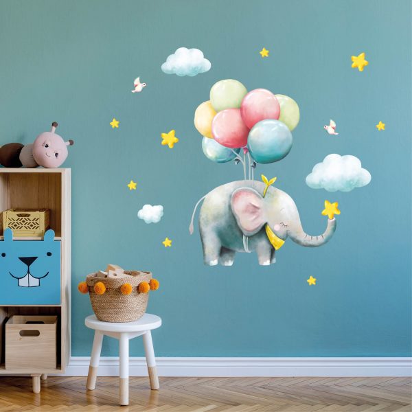 Auf dem Bild ist das Produkt: Wandtattoo Kinderzimmer Elefant mit Luftballons, Dekoration Babyzimmer zum Preis von €24.9 abgebildet.