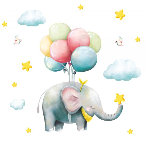 Auf dem Bild ist das Produkt: Wandtattoo Kinderzimmer Elefant mit Luftballons, Dekoration Babyzimmer zum Preis von €24.9 abgebildet.
