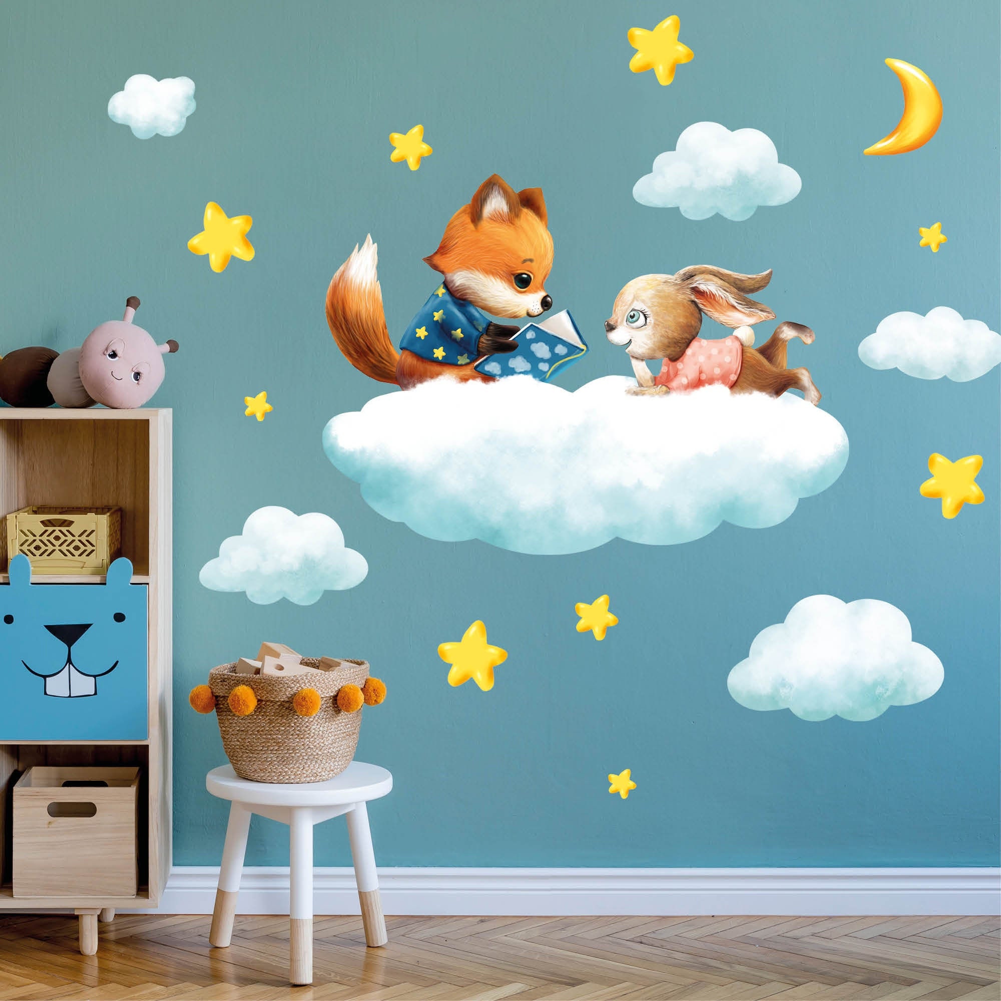 Wandtattoo Kinderzimmer Fuchs und Hase auf Wolke mit Mond und Sternen Dekoration Babyzimmer