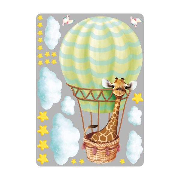 Auf dem Bild ist das Produkt: Wandtattoo Kinderzimmer Giraffe im Heißluftballon mit Wolken und Sternen Dekoration Babyzimmer zum Preis von €29.9 abgebildet.