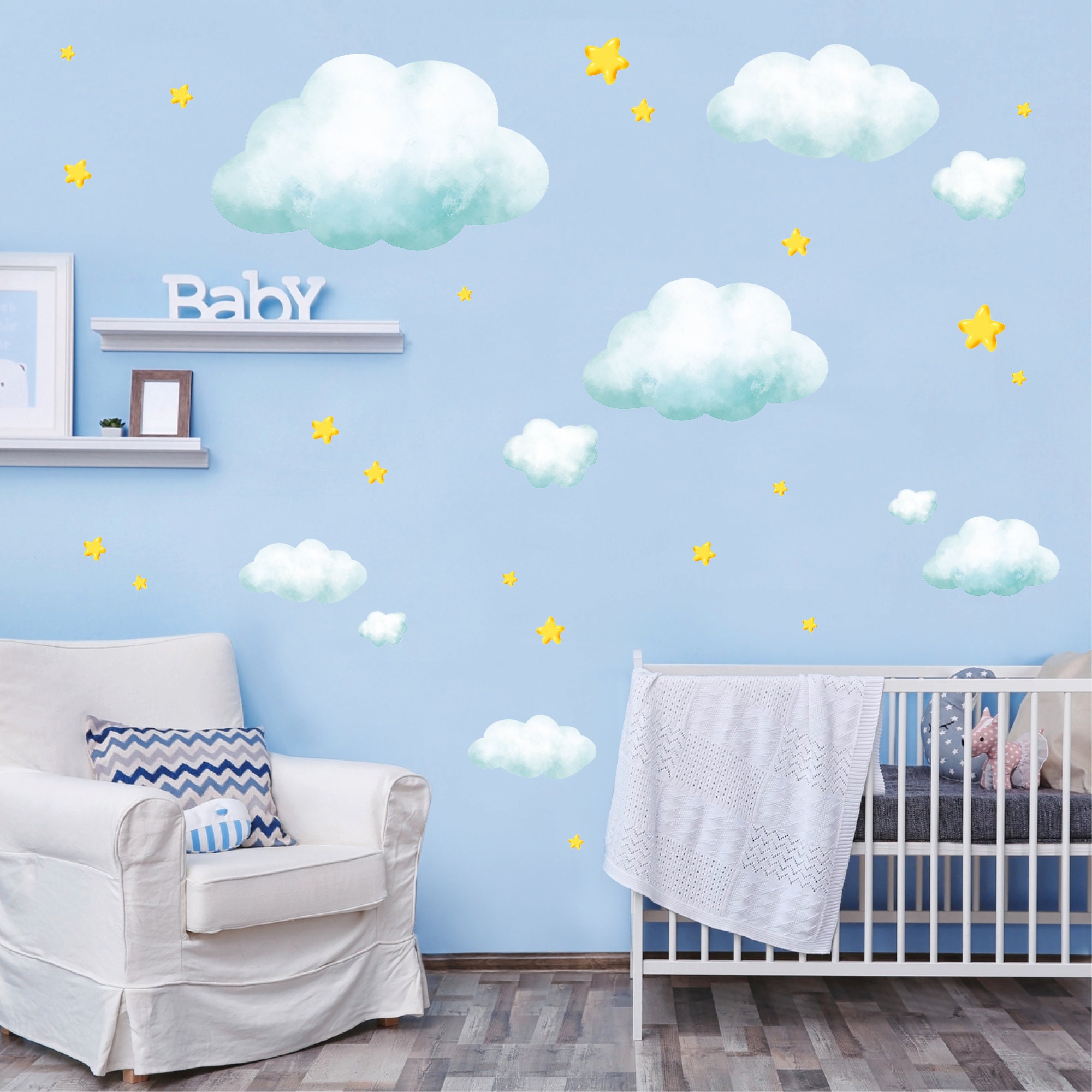 Wandtattoo Kinderzimmer Große Wolken und Sterne Dekoration Babyzimmer