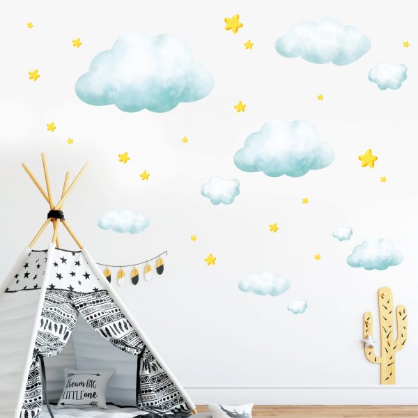 Auf dem Bild ist das Produkt: Wandtattoo Kinderzimmer Große Wolken und Sterne Dekoration Babyzimmer zum Preis von €39.90 abgebildet.