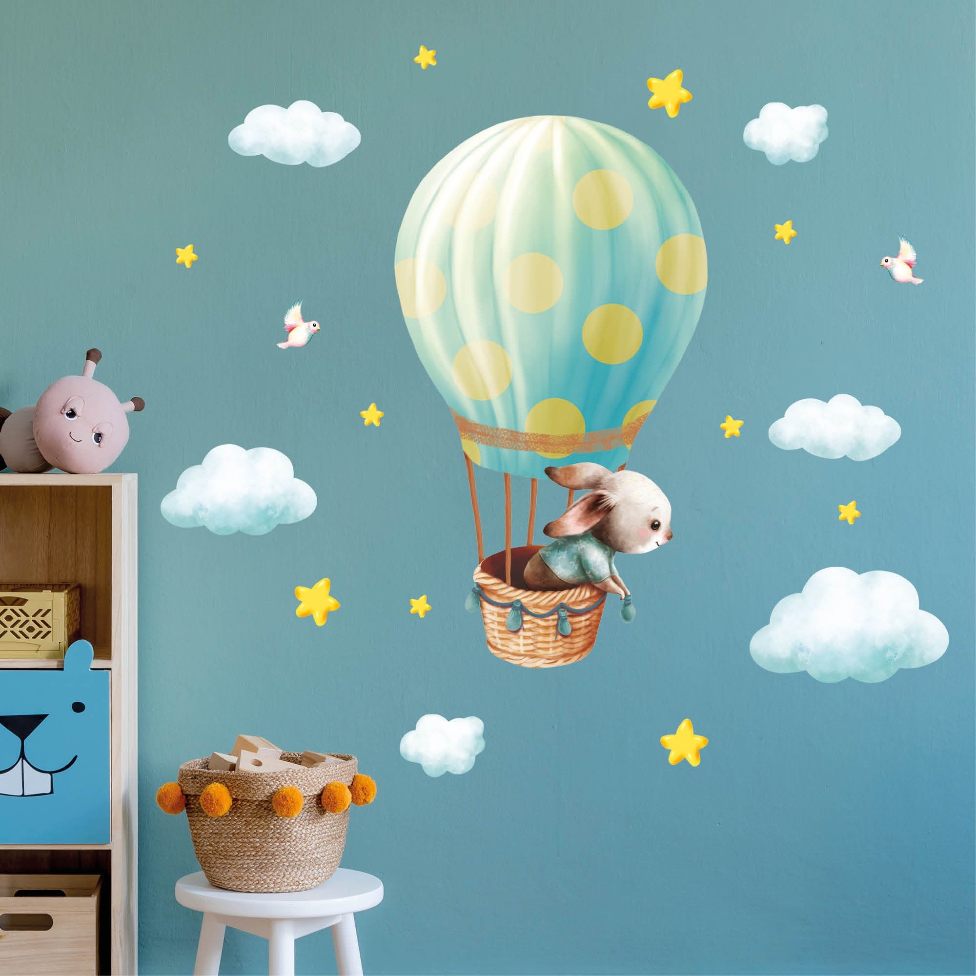 Wandtattoo Kinderzimmer Hase im Heißluftballon mit Wolken und Sternen Dekoration Babyzimmer