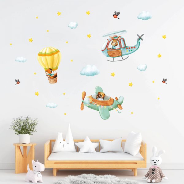 Auf dem Bild ist das Produkt: Wandtattoo Kinderzimmer Heißluftballon, Flugzeug und Hubschrauber, Dekoration Babyzimmer zum Preis von €39.90 abgebildet.