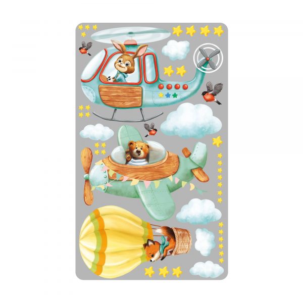 Auf dem Bild ist das Produkt: Wandtattoo Kinderzimmer Heißluftballon, Flugzeug und Hubschrauber, Dekoration Babyzimmer zum Preis von €39.90 abgebildet.