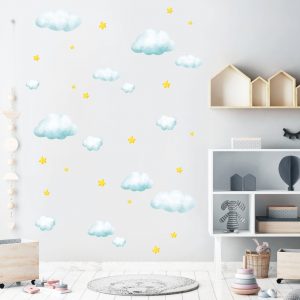 Auf dem Bild ist das Produkt: Wandtattoo Kinderzimmer Kleine Wolken und Sterne Dekoration Babyzimmer zum Preis von €19.90 abgebildet.