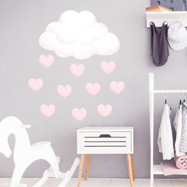 Auf dem Bild ist das Produkt: Wandtattoo Kinderzimmer Wolke und rosa Herzen, Dekoration Babyzimmer Mädchen zum Preis von €29.9 abgebildet.