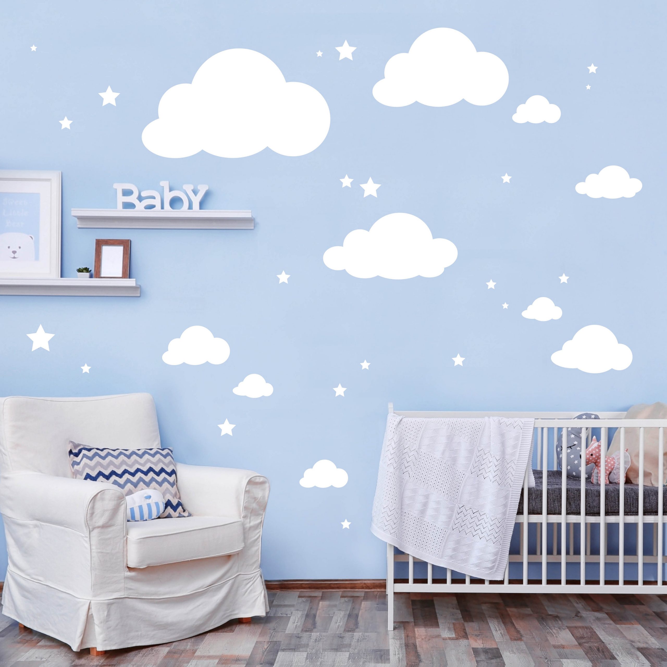 Wandtattoo Kinderzimmer Wolken Sterne Wandsticker Set – Farbe weiß