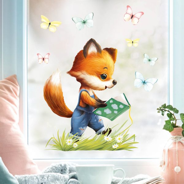 Auf dem Bild ist das Produkt: Wiederverwendbares Fensterbild Frühling Ostern Fuchs mit Buch und Schmetterlingen, Fensterdeko Kinderzimmer Kind, Frühlingsdeko zum Preis von €14.9 abgebildet.