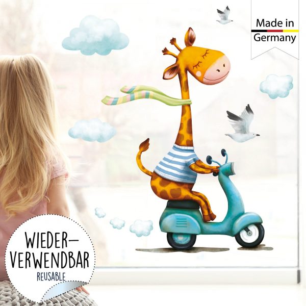 Auf dem Bild ist das Produkt: Wiederverwendbares Fensterbild Frühling Ostern Giraffe auf Motorroller, Fensterdeko Kinderzimmer Kind, Frühlingsdeko zum Preis von €14.9 abgebildet.