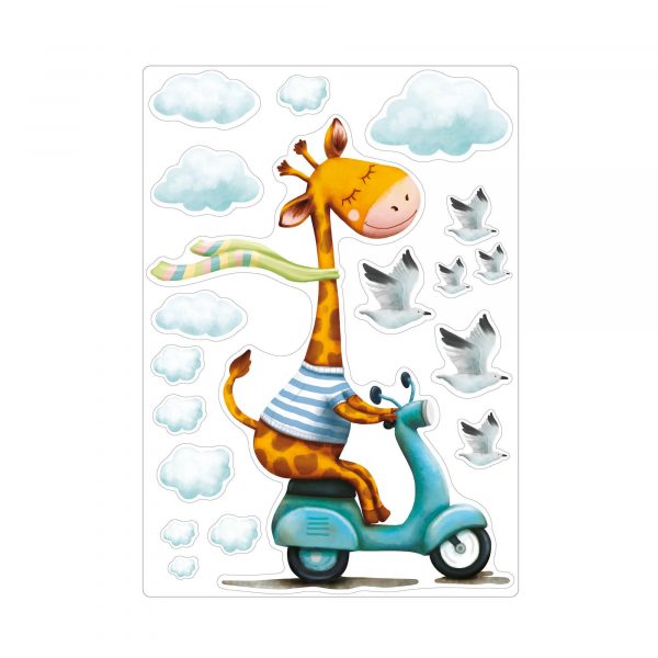 Auf dem Bild ist das Produkt: Wiederverwendbares Fensterbild Frühling Ostern Giraffe auf Motorroller, Fensterdeko Kinderzimmer Kind, Frühlingsdeko zum Preis von €14.9 abgebildet.