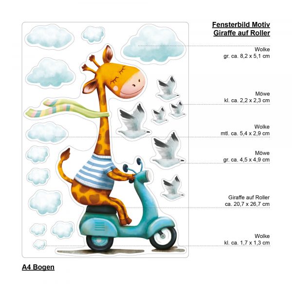 Auf dem Bild ist das Produkt: Wiederverwendbares Fensterbild Frühling Ostern Giraffe auf Motorroller, Fensterdeko Kinderzimmer Kind, Frühlingsdeko zum Preis von €14.9 abgebildet.