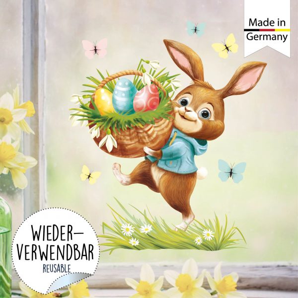 Auf dem Bild ist das Produkt: Wiederverwendbares Fensterbild Frühling Ostern Hase mit Eiern im Korb, Fensterdeko Kinderzimmer Kind, Frühlingsdeko, Osterdeko zum Preis von €14.9 abgebildet.