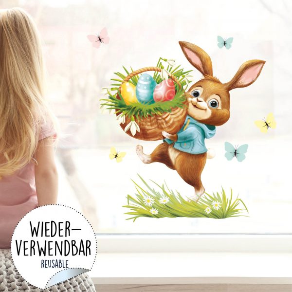 Auf dem Bild ist das Produkt: Wiederverwendbares Fensterbild Frühling Ostern Hase mit Eiern im Korb, Fensterdeko Kinderzimmer Kind, Frühlingsdeko, Osterdeko zum Preis von €14.9 abgebildet.