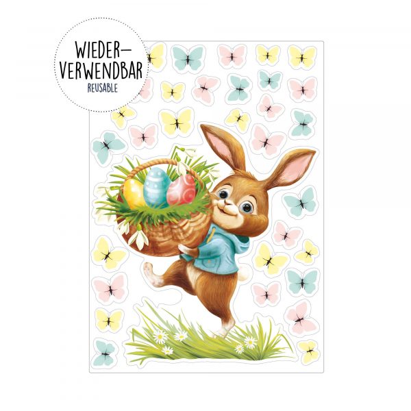 Auf dem Bild ist das Produkt: Wiederverwendbares Fensterbild Frühling Ostern Hase mit Eiern im Korb, Fensterdeko Kinderzimmer Kind, Frühlingsdeko, Osterdeko zum Preis von €14.9 abgebildet.