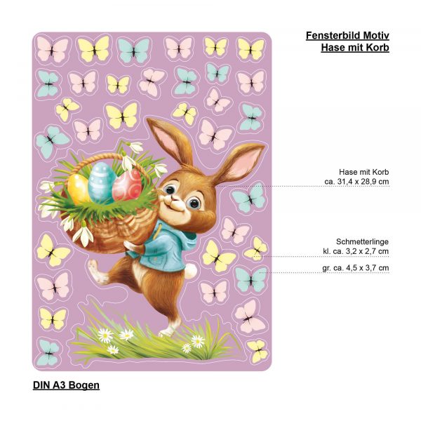 Auf dem Bild ist das Produkt: Wiederverwendbares Fensterbild Frühling Ostern Hase mit Eiern im Korb, Fensterdeko Kinderzimmer Kind, Frühlingsdeko, Osterdeko zum Preis von €14.9 abgebildet.