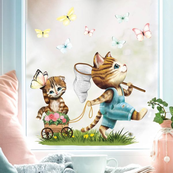 Auf dem Bild ist das Produkt: Wiederverwendbares Fensterbild Frühling Ostern Katze mit Schubkarre Schmetterlinge, Fensterdeko Kinderzimmer Kind, Frühlingsdeko zum Preis von €14.9 abgebildet.