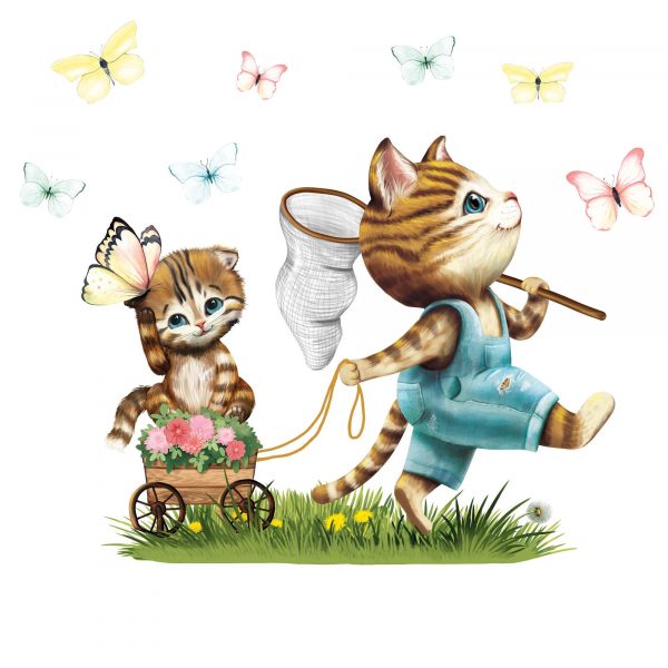 Auf dem Bild ist das Produkt: Wiederverwendbares Fensterbild Frühling Ostern Katze mit Schubkarre Schmetterlinge, Fensterdeko Kinderzimmer Kind, Frühlingsdeko zum Preis von €14.9 abgebildet.