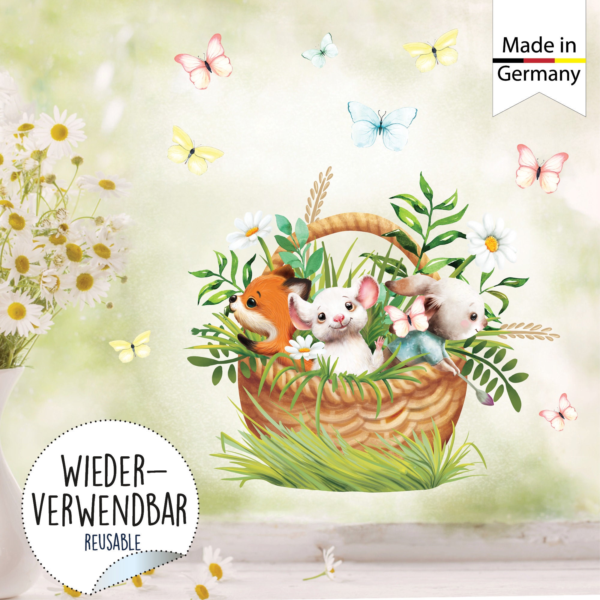 Wiederverwendbares Fensterbild Frühling Ostern Tiere im Korb, Fensterdeko Kinderzimmer Kind, Frühlingsdeko, Osterdeko