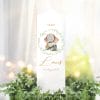 Auf dem Bild ist das Produkt: Taufkerze Junge Mädchen Elefant bedruckt mit Namen, Datum und auf Wunsch eigenem, vorgegebenem oder keinem Taufspruch zum Preis von €6.90 abgebildet.
