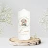 Auf dem Bild ist das Produkt: Taufkerze Junge Mädchen Elefant bedruckt mit Namen, Datum und auf Wunsch eigenem, vorgegebenem oder keinem Taufspruch zum Preis von €6.90 abgebildet.
