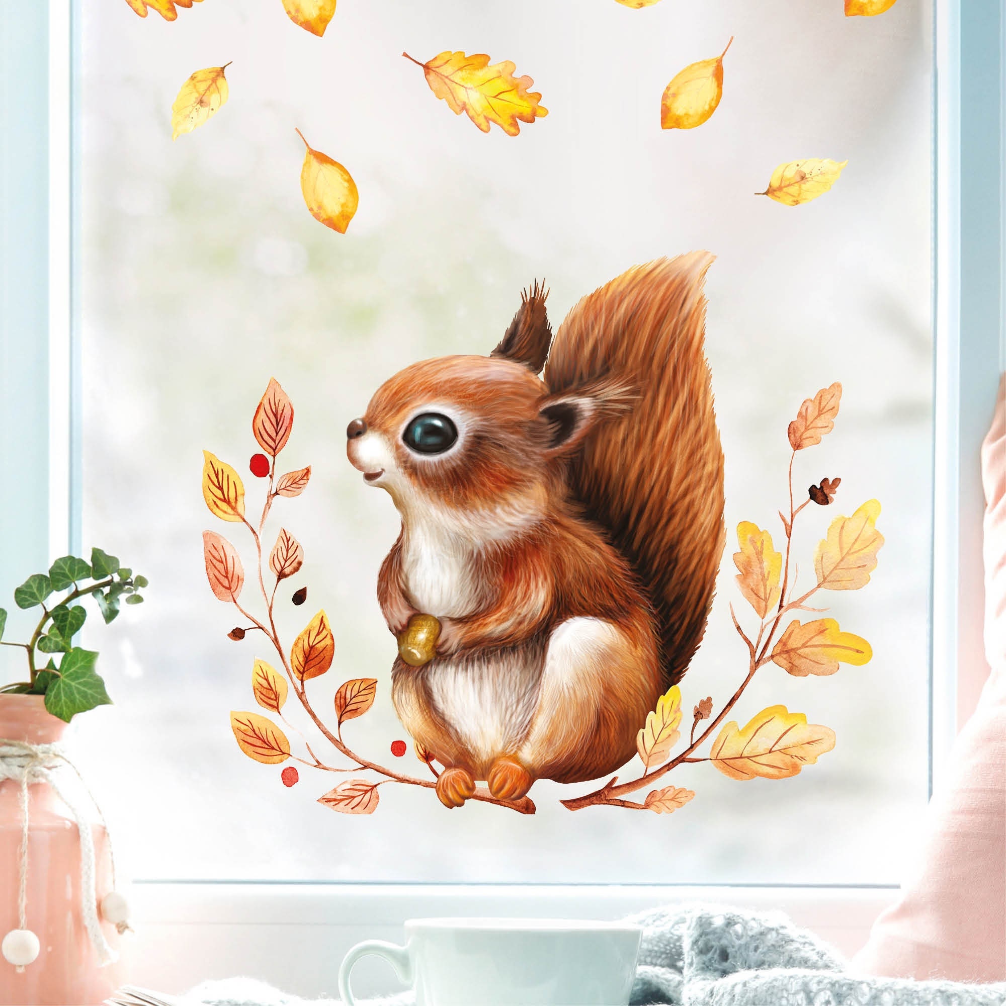 Fensterbild Herbst Eichhörnchen auf Blätterkranz und Eichel wiederverwendbare Fensteraufkleber Kinderzimmer Baby Kind Herbstblätter