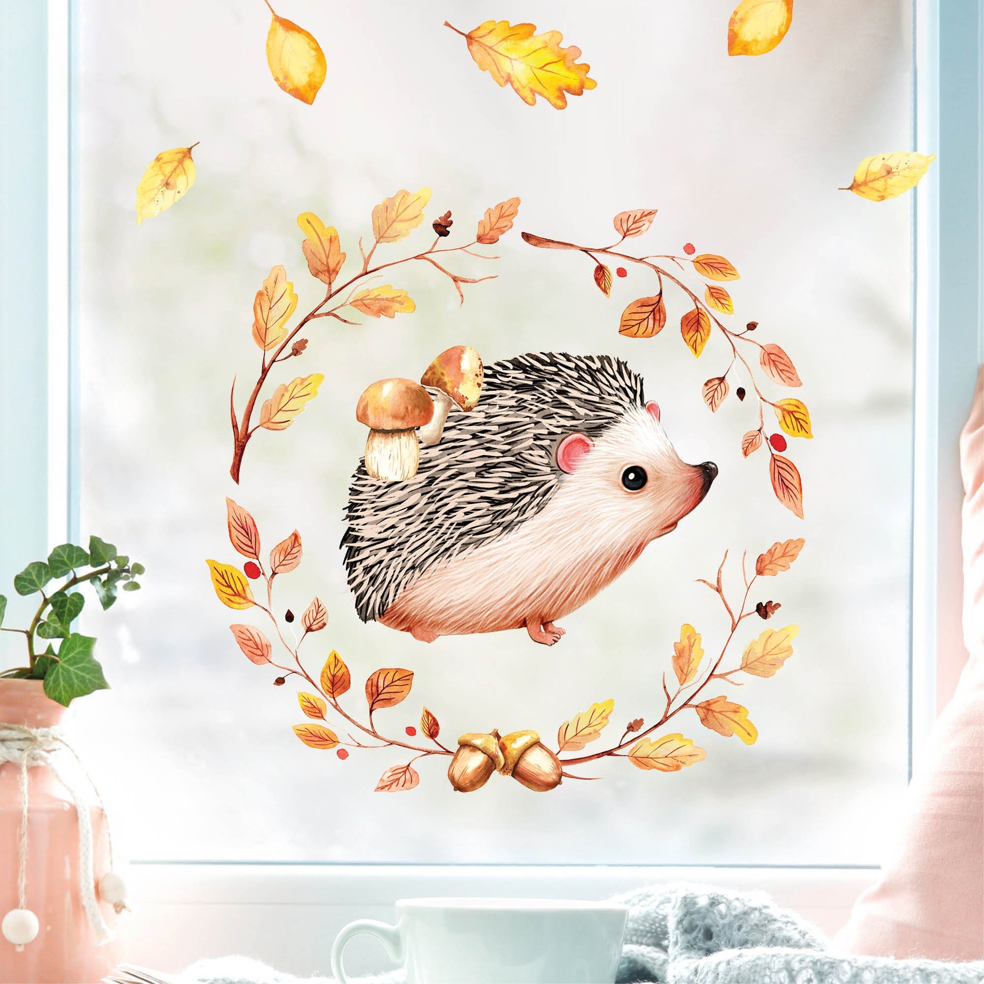 Fensterbild Herbst Igel mit Pilzen und Blätterkranz wiederverwendbare Fensteraufkleber Kinderzimmer Baby Kind Herbstblätter