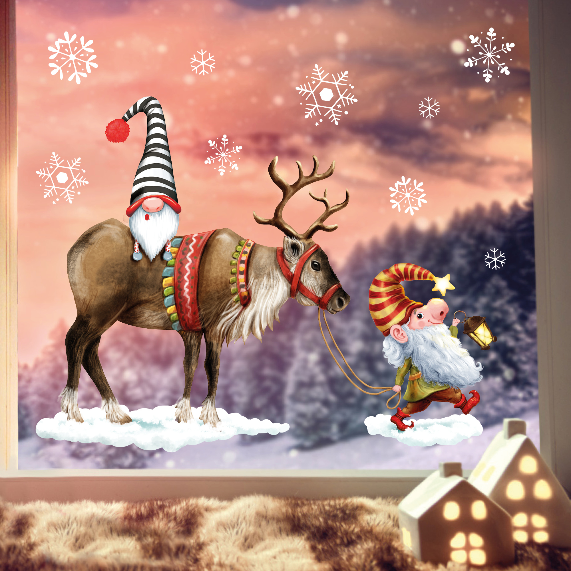 Fensterbild Weihnachten Winter Zwerg mit Hirsch Elch mit Schneeflocken Adventsdeko